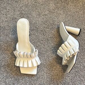 Anne Fontaine Muxica Leather Ruffle Heeled Slide Sandals